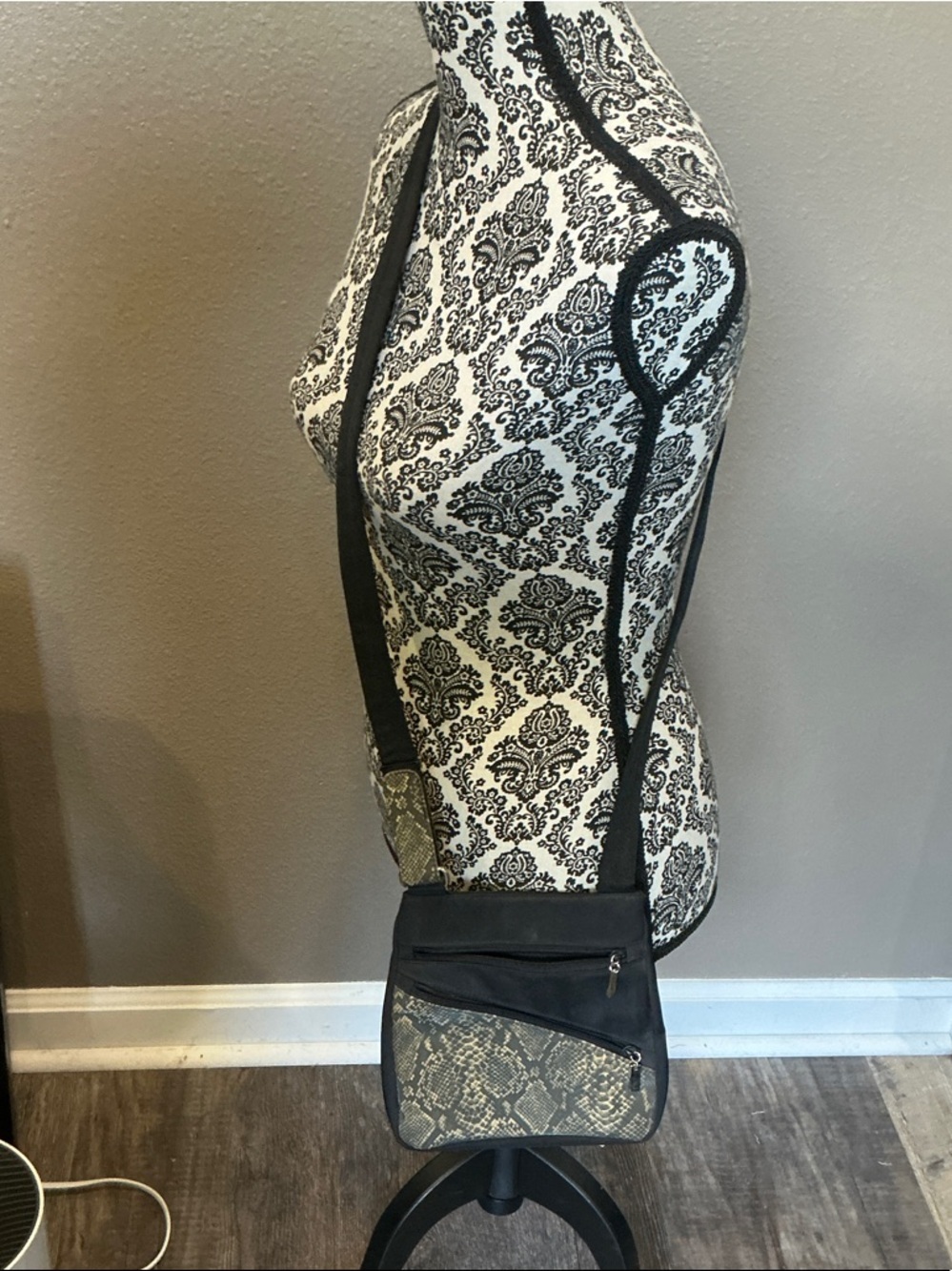 Black Crossbody Bag with Snake-Print Accent